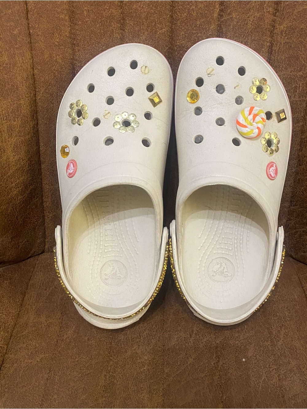 CROCS White Clog Mules with Gold Embellishments